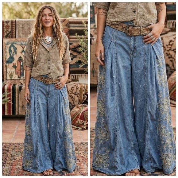 Denim - SOLD OUT! Boho Wide Leg Embroidered Denim Pants in Light Blue